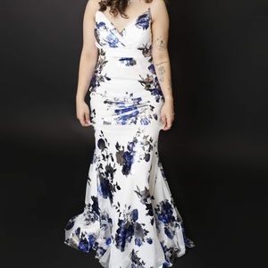 White with royal blue and silver flower dress